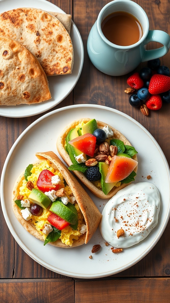A plate of breakfast pita breads filled with eggs, spinach, feta, avocado, and smoked salmon, accompanied by yogurt with berries.